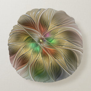 Floral Fantasy With Gold Modern Abstract Fractal Round Cushion