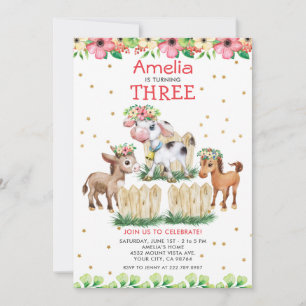 Floral Farm Animals Third Birthday Party Invitation