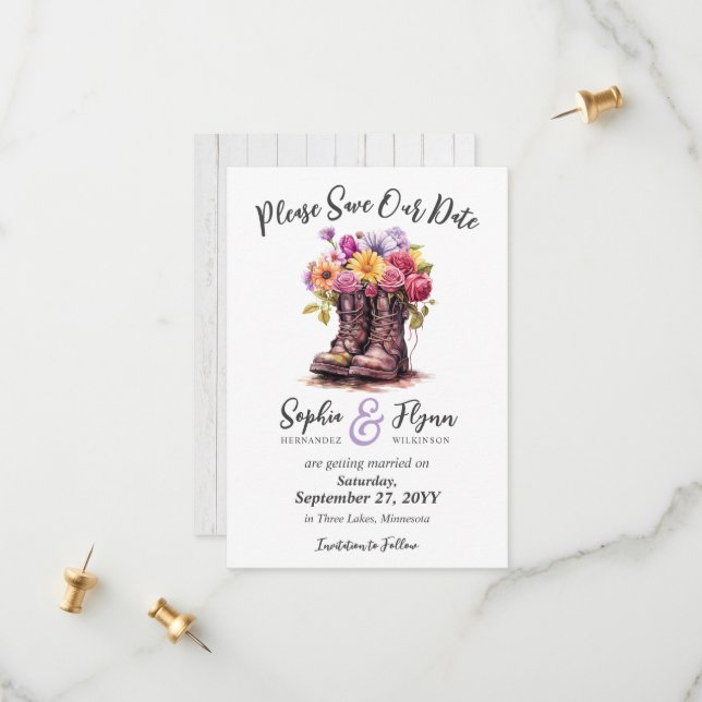 Floral Farm Boots Rustic Country Wedding Save The Date (Front/Back In Situ)