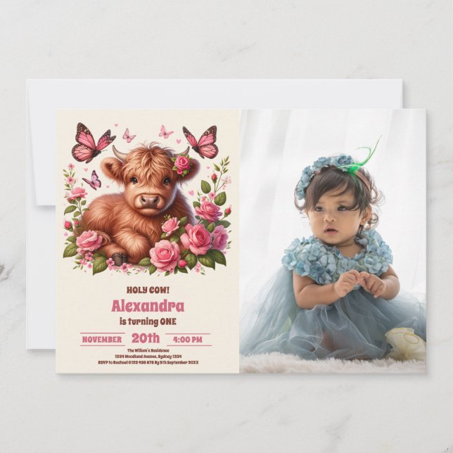 Floral  Farm Holy Cow Highland 1st Birthday Photo Invitation (Front)