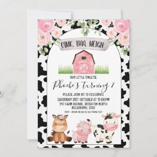 Floral Farm with Cow Print and Arch Birthday Invitation