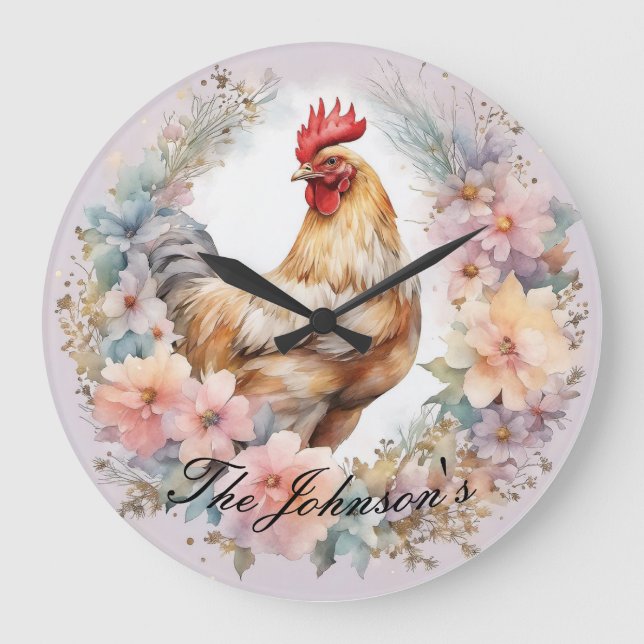 Floral Farmhouse Rooster Wall Clock (Front)