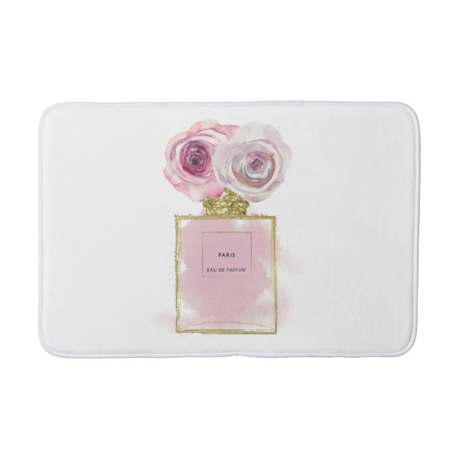 Floral Fashion Perfume Bottle Pink Roses Gold Glam Bath Mat (Front)
