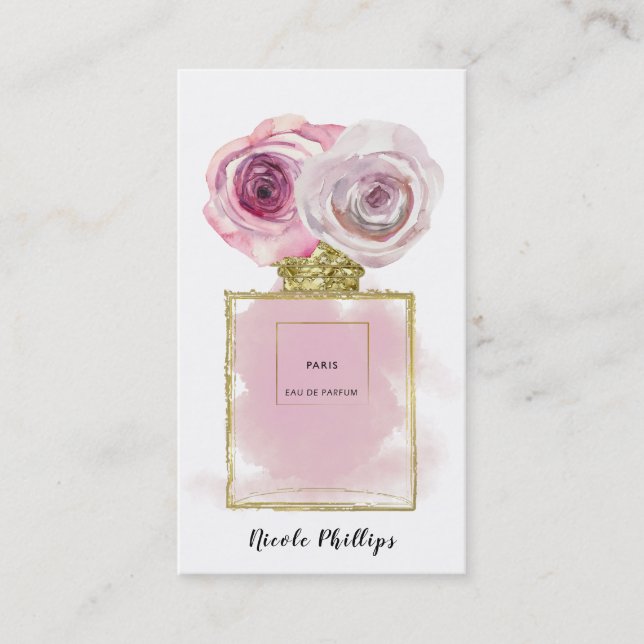Floral Fashion Perfume Bottle Pink Roses Gold Glam Business Card (Front)