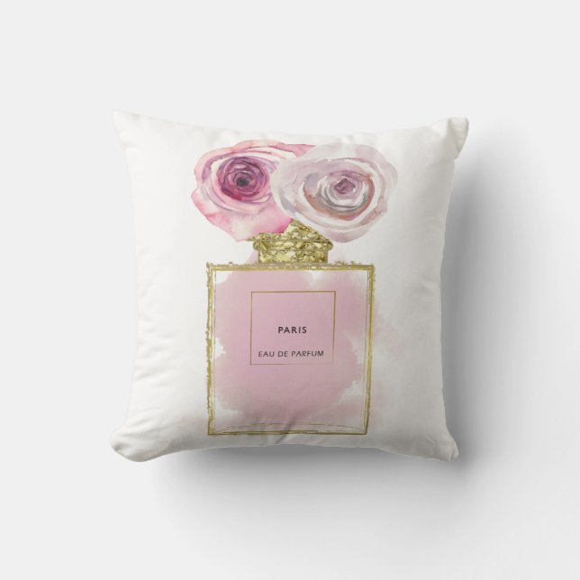 Floral Fashion Perfume Bottle Pink Roses Gold Glam Cushion (Front)