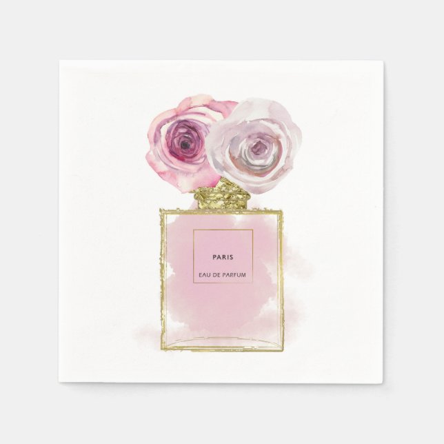 Floral Fashion Perfume Bottle Pink Roses Gold Glam Napkin (Front)