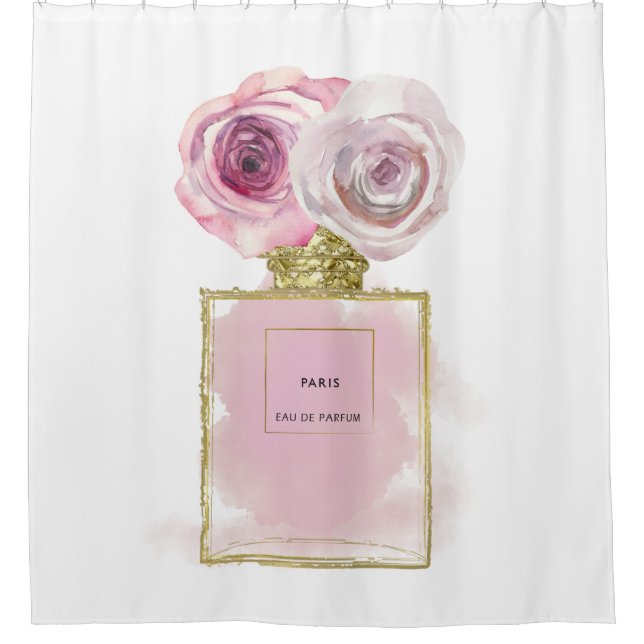 Floral Fashion Perfume Bottle Pink Roses Gold Glam Shower Curtain (Front)