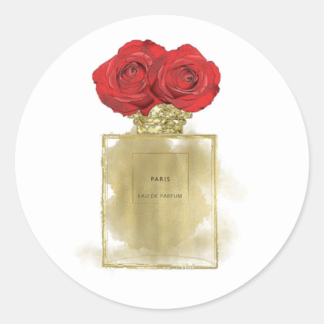 Floral Fashion Perfume Bottle Red Roses Gold Glam Classic Round Sticker (Front)