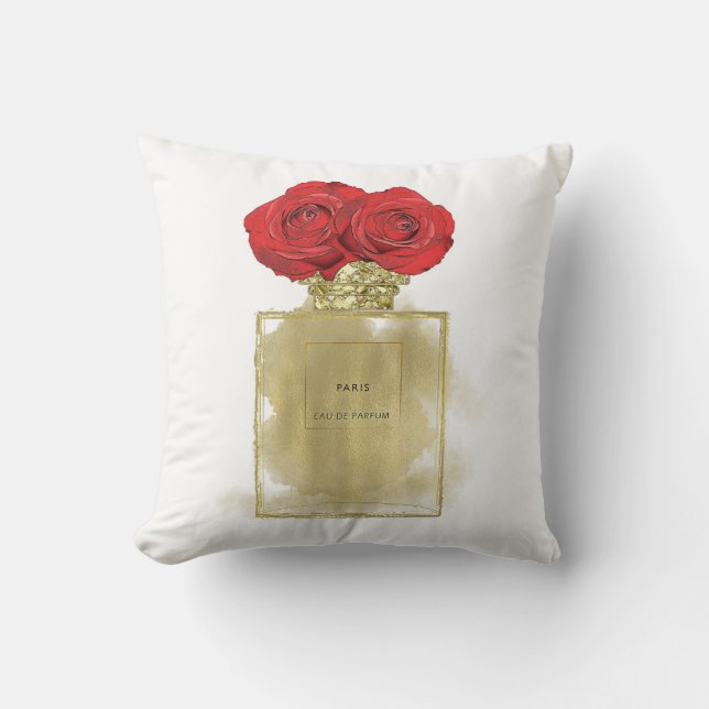 Floral Fashion Perfume Bottle Red Roses Gold Glam Cushion (Front)