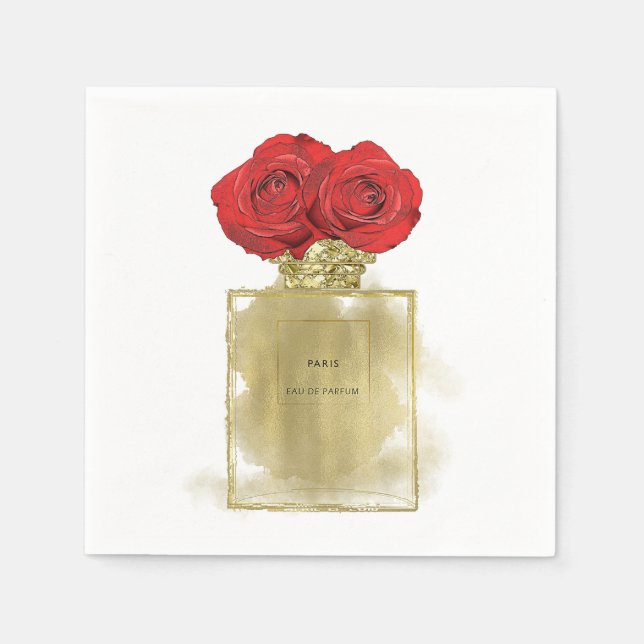 Floral Fashion Perfume Bottle Red Roses Gold Glam Napkin (Front)