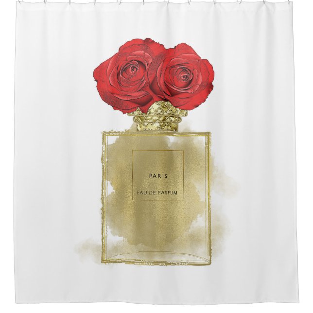 Floral Fashion Perfume Bottle Red Roses Gold Glam Shower Curtain (Front)
