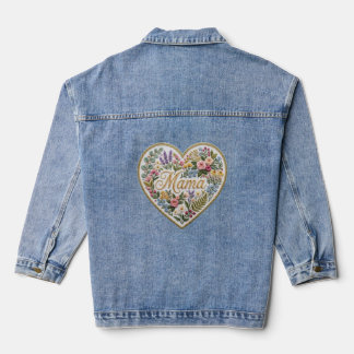Floral Faux Embroidery Heart Mama Denim Jacket