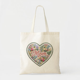 Floral Faux Embroidery Heart Mum Tote Bag