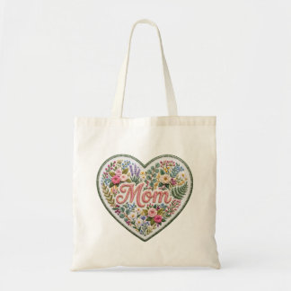 Floral Faux Embroidery Heart Mum Tote Bag