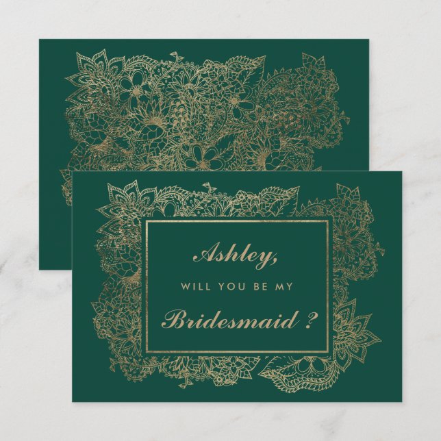 Floral faux gold emerald green be my bridesmaid invitation (Front/Back)