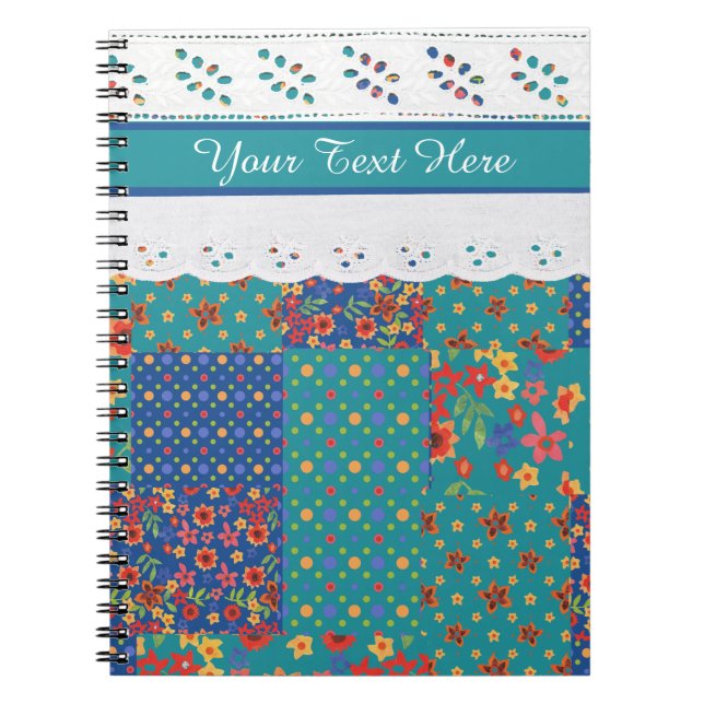 Floral Faux Patchwork on Teal, Faux Lace Notebook (Front)