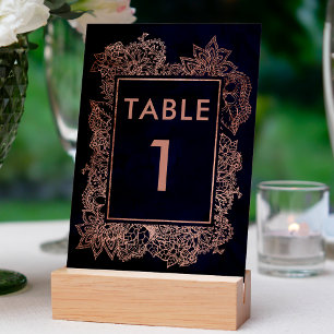 Floral faux rose gold navy blue watercolor table number