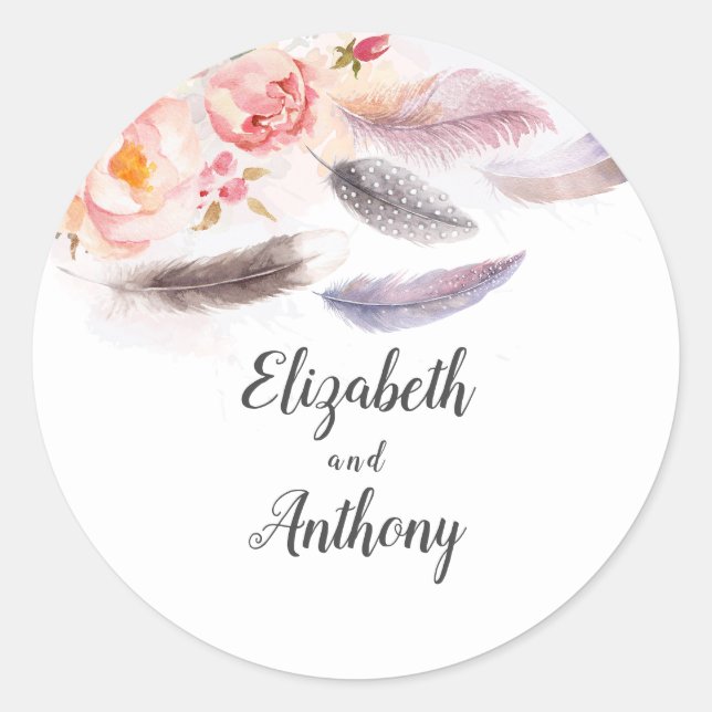 Floral Feathers Elegant Boho Classic Round Sticker (Front)