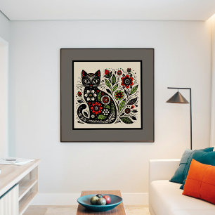 Floral Feline Folk Art Poster