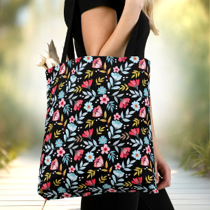 Floral Feminine Black Colourful Summer Tote Bag