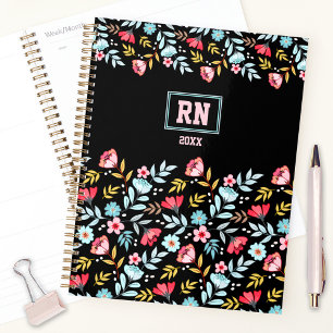 Floral Feminine Black Pink Blue Colourful Monogram Planner