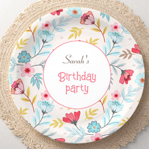 Floral Feminine Colourful Pink Blue Summer Birthda Paper Plate