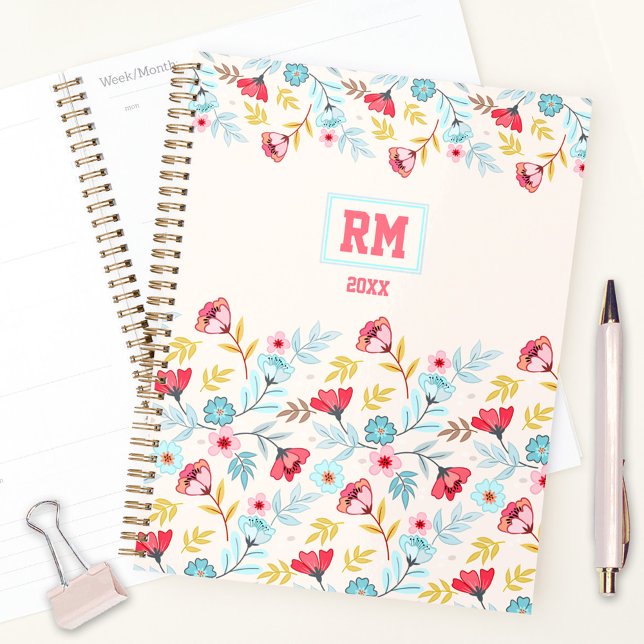 Floral Feminine Pink Blue Cream Colourful Monogram Planner (Floral Feminine Pink Blue Colorful Monogram Planner)