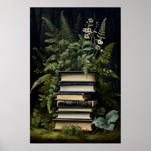 Floral Fern Book Stack Print, Dark Academia Poster