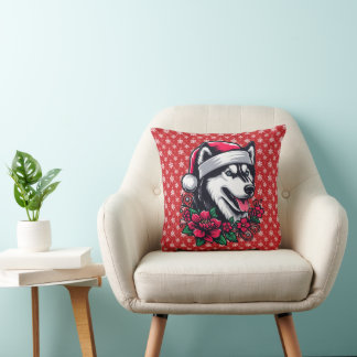 Floral Festive Husky Dog with Santa Hat Xmas Puppy Cushion