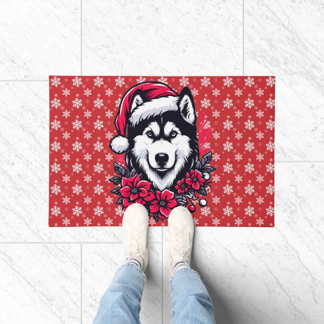 Floral Festive Husky Dog with Santa Hat Xmas Puppy Doormat (Indoor)