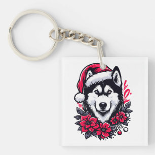 Floral Festive Husky Dog with Santa Hat Xmas Puppy Key Ring