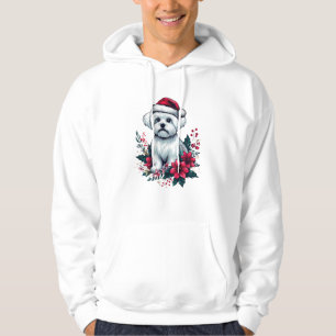Floral Festive Maltese Dog with Santa Hat Xmas Dog Hoodie