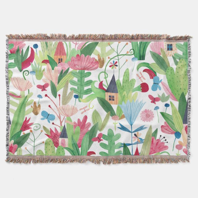 Floral Fields: Watercolor Houses Pattern Throw Blanket (Front)