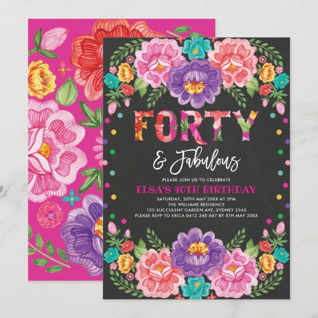 Floral Fiesta Forty & Fabulous Woman 40th Birthday Invitation (Front/Back)