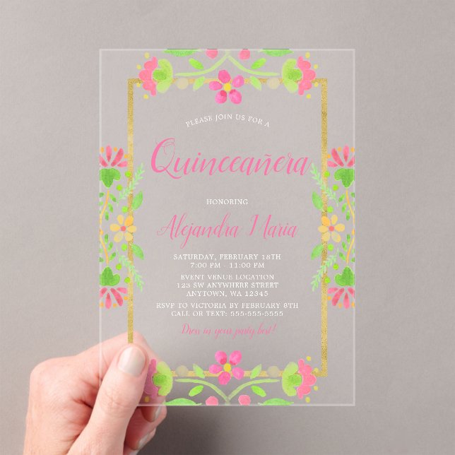Floral Fiesta Pink Gold Quinceanera Acrylic Invitations (Insitu (Handheld))