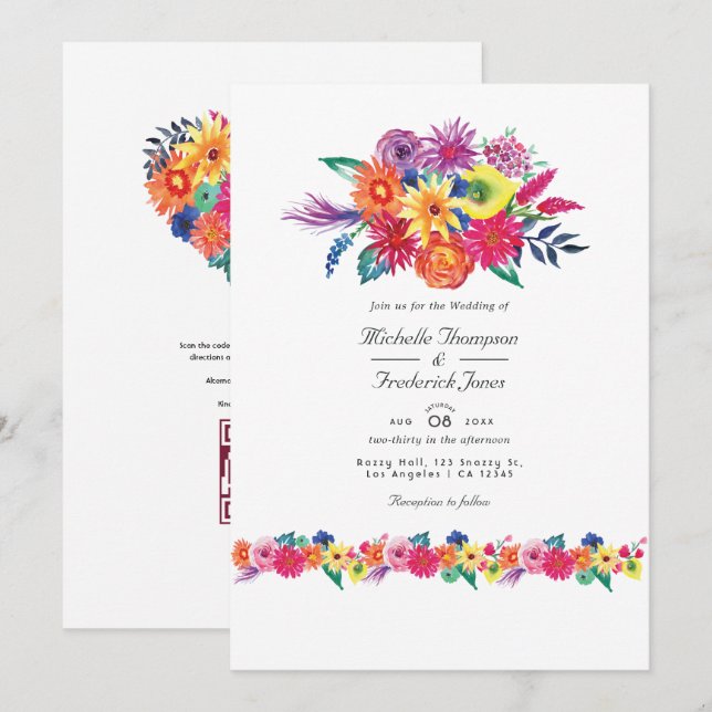 Floral Fiesta QR Code RSVP Wedding Invitation (Front/Back)