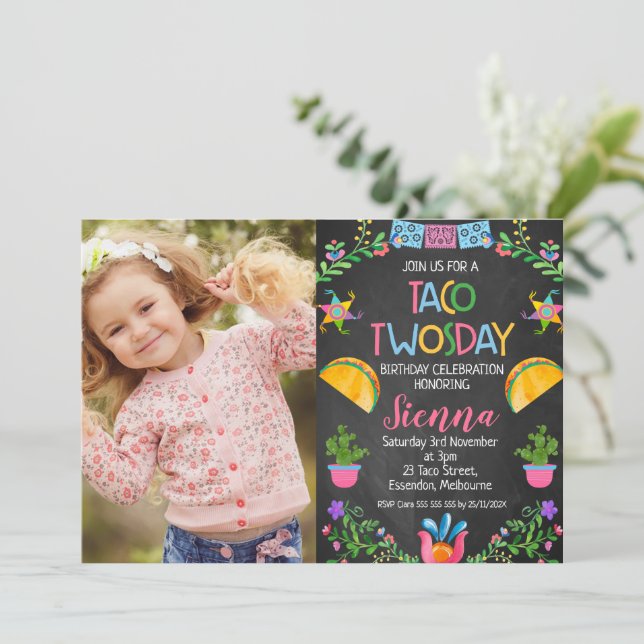 Floral Fiesta Taco Twosday Mexican 2nd Birthday Invitation (Standing Front)