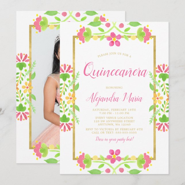 Floral Fiesta White Gold Quinceanera Photo Invitation (Front/Back)