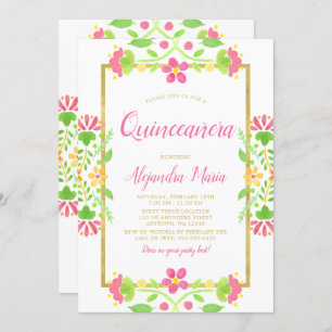 Floral Fiesta White Gold Quinceanera Photo Invitation