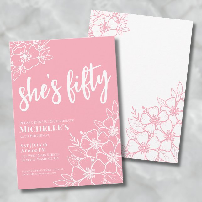 Floral Fifty 50th Birthday Party Invitation (Floral Fifty Pink 50th Birthday Party Invitation)