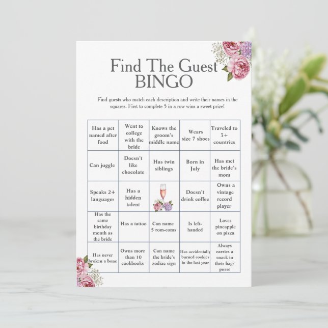 Floral Find the Guest Bridal Shower Bingo game Invitation (Standing Front)