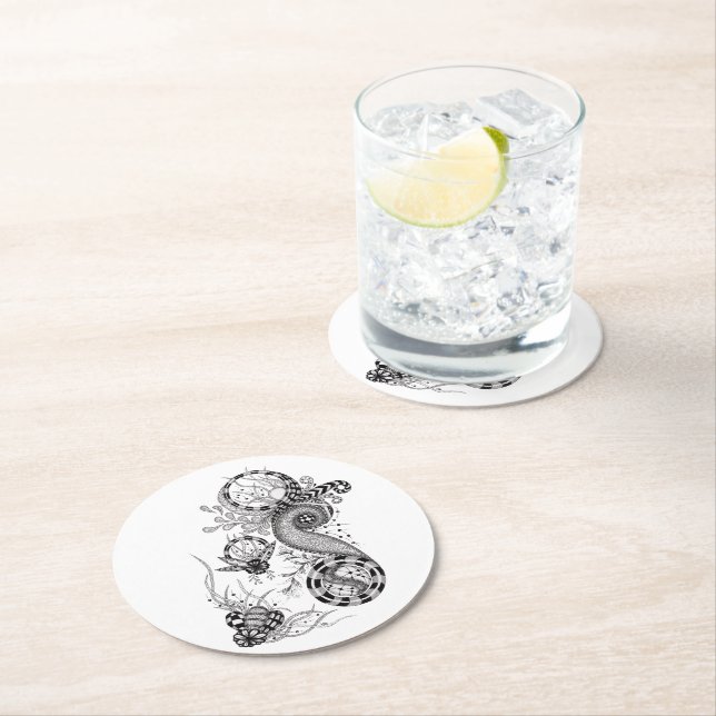 Floral Fine Line Illustration -  Round Paper Coaster (Insitu)