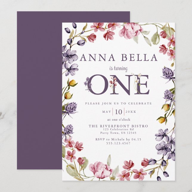 Floral First Birthday Invitation (Front/Back)