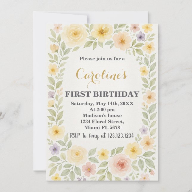 Floral First Birthday Invitation (Front)