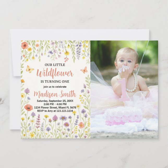 Floral First Birthday Invitation with photo (Front)