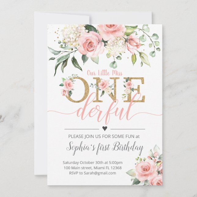 Floral First Birthday Invite-A188 Miss ONE-derful Invitation (Front)