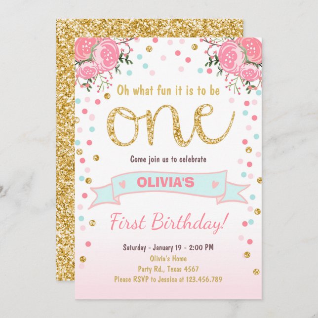Floral First birthday invite Girl Pink Gold Roses (Front/Back)