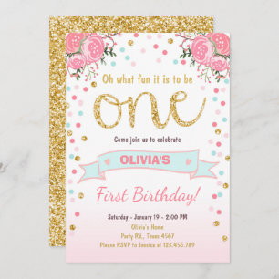 Floral First birthday invite Girl Pink Gold Roses