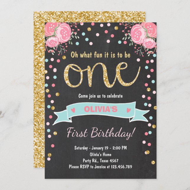Floral First birthday invite Girl Pink Gold Roses (Front/Back)