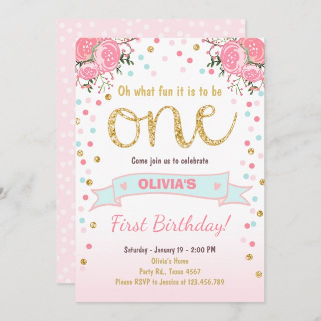 Floral First birthday invite Girl Pink Gold Roses (Front/Back)
